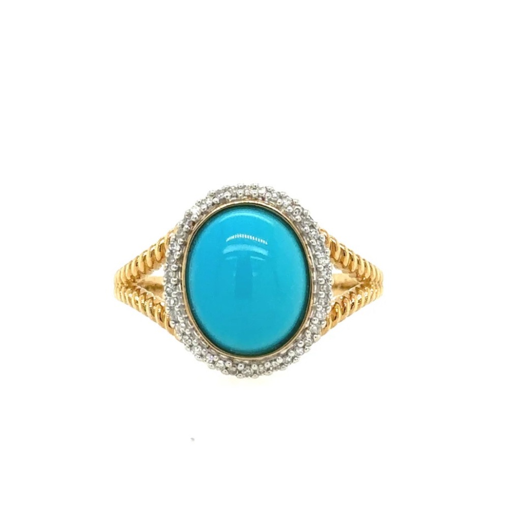 14 kt Solid Gold Oval Cabochon Turquoise and Diamond cocktail ring size 9 1/4
